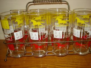 Set 7 Vintage Horse Weather Vane Drinking Glasses Red White Yellow With Holder