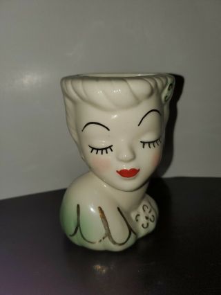 Vintage 4 Inch Lady Head Vase Wall Pocket Pottery Glamour 1950s Red Green Gold