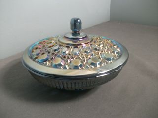 Vintage Indiana Windsor Blue Iridescent Carnival Glass Candy Dish W/ Lid - Sb