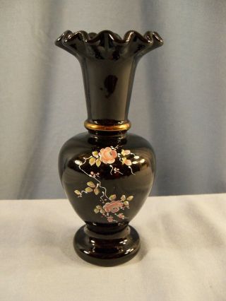 Fenton Hand Painted Black Glass Bud Vase - Copper Roses Design