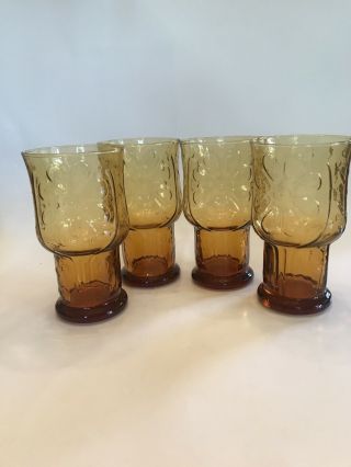 Set Of 4 Vintage Libbey Country Garden Amber Daisy Pedestal Glasses 16 oz. 2