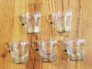 Libby Continental Greek Key Set Of 5 Coffee Mugs/tea Cups Brass Handle Vintage