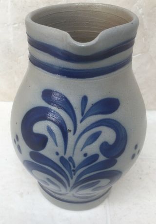 Vintage German Salt Glaze Pottery Stoneware Pitcher Cobalt Blue And Gray 1 Ltr.