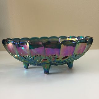 Vintage Blue Iridescent Carnival Glass Oval Footed Fruit Scallop Bowl