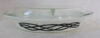Vintage Pyrex Divided Casserole Dish Black Swirl Stars 1 1/2 Quart With Lid