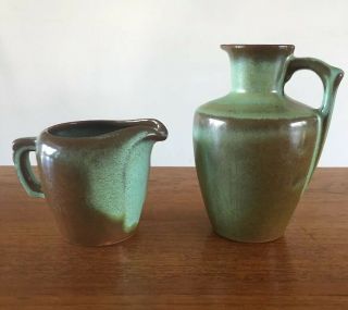 Set Of Two (2) Vintage Frankoma Prairie Green Small Pitchers Vase Creamer Mcm