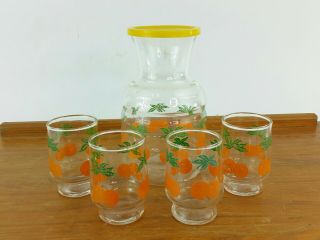 Vintage Anchor Hocking Leaf & Orange Juice Carafe Decanter And 4 Glasses Set