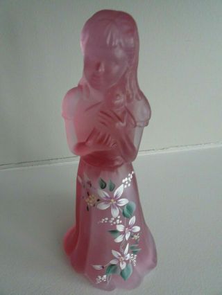 Fenton Art Glass Hand Painted Little Sister Pink Satin Doll Figurine W/ Bear