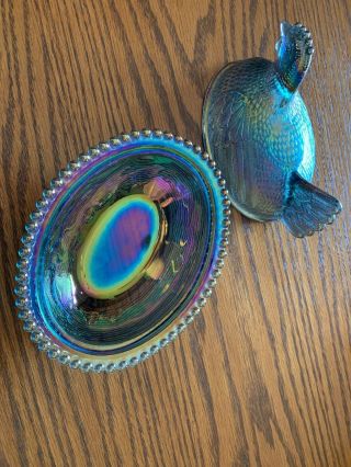 Vintage Indiana Blue Carnival Glass Hen Chicken On Nest Candy Dish 2