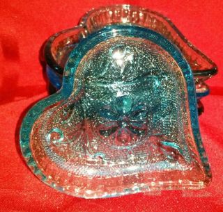 Set Of 4 Blue Heart Shape Candy Nut Ashtrays Tiara Indiana Sandwish Glass