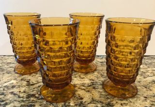 Vintage Indiana Colony Glass Whitehall Cubist Amber Iced Tea Tumblers (set Of 4)