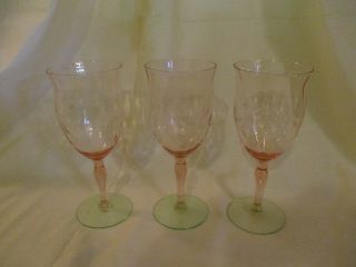 Set Of 3 Tiffin Glass Pink & Green Watermelon Diamond Optic Etched Water Goblets