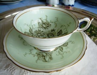 Paragon.  Teacup And Saucer.  Green & Gold On White Porcelain.  1930 