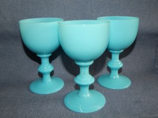 Set Of 3 Antique Victorian Turquoise Blue Milk Glass Small Goblet Davidsons ?