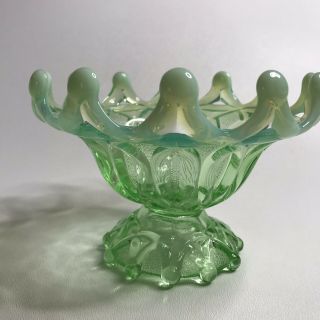 Vintage Depression Vaseline Opalescent Footed Glass Candy Nut Bowl Uranium Dish