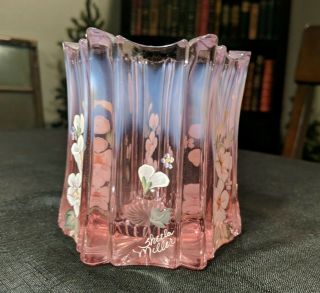 Fenton Pink Opalescent Glass Vase/dish.  Hand Painted Signed Artist Sheela Miller