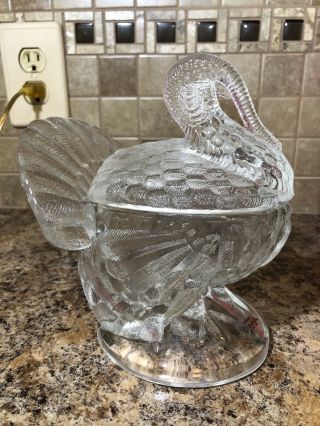 Vintage L E Smith Large Clear Glass Covered Turkey Bowl Candy Nut Dish