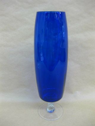 Vintage Cobalt Blue Glass Vase With Writhen Clear Stem 10 "