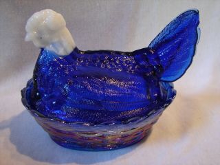 Vintage Cobalt / Carnival Hen On Nest Covered Trinket / Candy Dish
