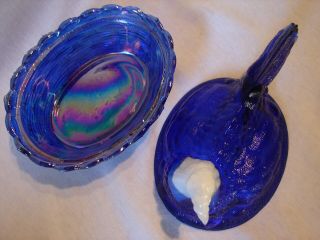 Vintage Cobalt / Carnival Hen On Nest Covered Trinket / Candy Dish 3