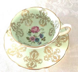 Royal Grafton Tea Cup Saucer 9270 Green Gold Gilt Floral Perf