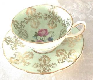 Royal Grafton Tea Cup Saucer 9270 Green Gold Gilt Floral Perf 2