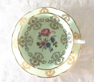 Royal Grafton Tea Cup Saucer 9270 Green Gold Gilt Floral Perf 3