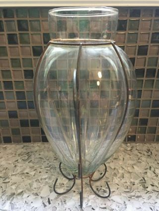 Hand Blown Wire - Caged Mexican Glass Vase,  Vintage
