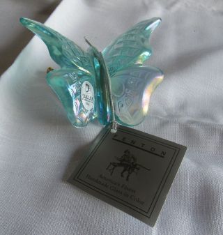 Fenton Glass Butterfly Figure Carnival Aqua - Blue Iridescent / Sticker Usa