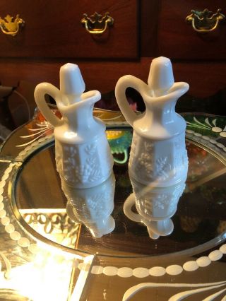 Two Westmoreland Paneled Grape Milk Glass Cruets Bottles With Stoppers
