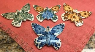 Vintage Floral Ceramic Butterflies Hand Made In Poland Hangs Decor Wall Hangings