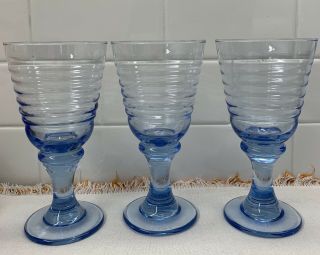 3 Vintage Anchor Hocking Light Blue Water Wine Ribbed Glass Goblets Stemware 7”