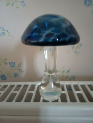 ?heron Glass Iridescent 4 Inch Tall Blues Mushroom Paperweight Vgc