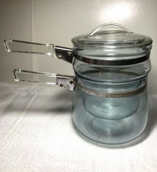 Vintage Pyrex Glass Double Boiler W/lid Flame Ware Blue Hue