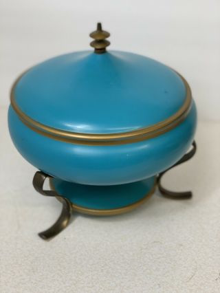Vintage Turquoise Casserole Chaffing Dish Flair Footed Fire King Mcm No Bowl