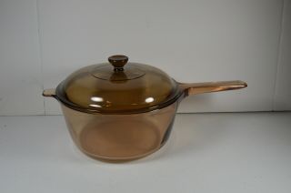 Vintage Corning Pyrex Vision Ware 2.  5 L Amber Glass Pot Sauce Pan With Lid