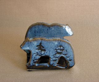 Potterybydave - Napkin Holder In Blue W/ Pine Trees Design With Bear Stencil