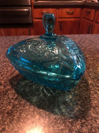 Vintage Triangle Aqua Blue Glass Covered Candy Dish.