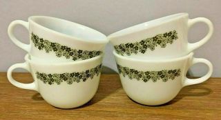 Vintage Set Of 4 Pyrex Milk Glass Mugs Cups Spring Blossom Green Crazy Daisy