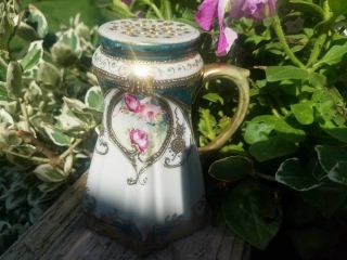 Gorgeous Antique Nippon Hand Painted Gilded Sugar Shaker Roses & Stars 2