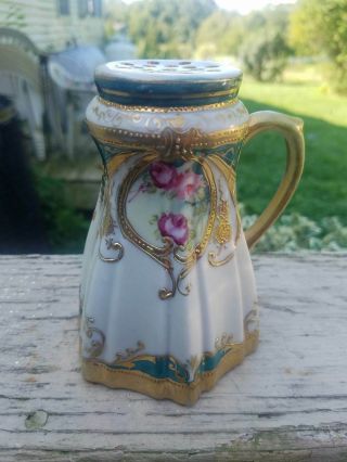Gorgeous Antique Nippon Hand Painted Gilded Sugar Shaker Roses & Stars 6