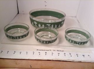 Vintage Set Of 3 Small & 1 Large Jasperware Wedgwood Greek Bowls Green