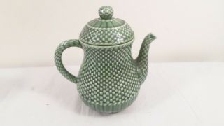 Vintage Bordallo Pinheiro Green Basket Weave Design Ceramic Teapot