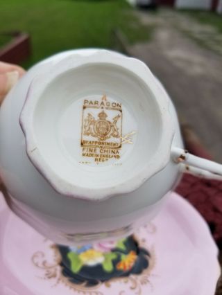 Paragon Teacup and saucer Paragon Tea cup Pink Black Floral Center Old Stamp 5