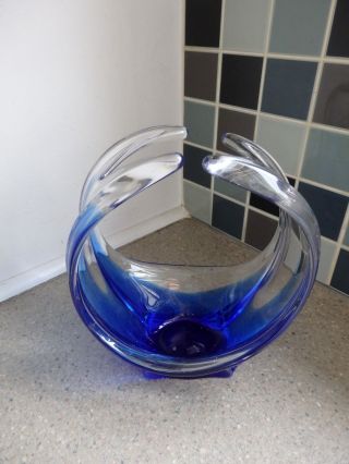 Vintage Retro Art Glass Clear/blue Basket Shape Bowl Murano?