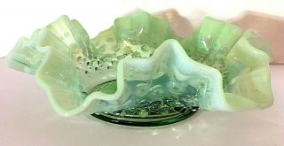 Vintage Fenton Art Glass Opalescent Green Hobnail Ruffled Candy Dish 6 " Sq Euc