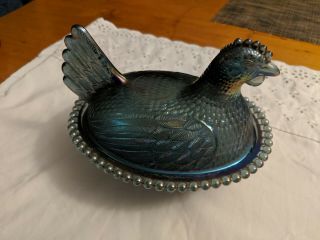 Indiana Hen On Nest Blue Iridescent Carnival Glass Covered Candy Dish