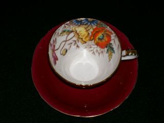 English Aynsley Fine Bone China Teacup & Saucer Poppies Inside Maroon Outside