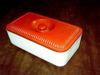 Rare Vintage Anchor Hocking Fired On Red White Ribbed Large Refrigerator Dish