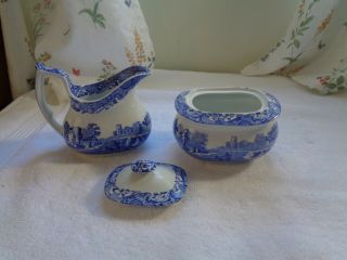 3 Pc Spode Creamer & Sugar Bowl W/ Lid Blue & White Italian England
